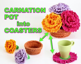 Crochet pattern-CARNATION POT into COASTER-Coaster crochet- Carnation Flower pot crochet coaster-Surprise Crochet Flower-Coaster set pattern