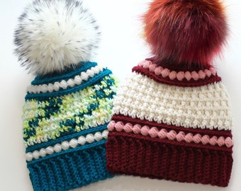 Easy Crochet pattern-Crochet hat–MAYA Beanie Hat Pattern-Crochet hat pattern PDF-Crochet beanie hat PomPom (Toddler-Child–Teen- Adult sizes)