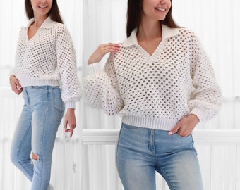 Crochet pattern-ADELINE Crochet sweater pattern PDF-Women crochet polo top pattern-Crochet pullover-Polo collar Granny modern sweater-XS-3XL