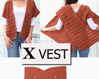 Easy Crochet pattern, X shape, 7 sizes crochet vest PDF,  Beginner Crochet Wrap, Women crochet pattern, Crochet Easy vest, Sweater,  XS-3XL