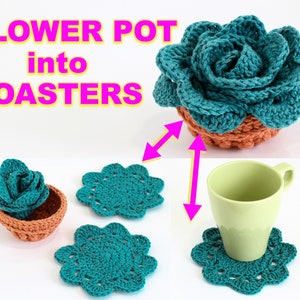 Crochet pattern-FLOWER POT into COASTER-Coaster crochet pattern- Flower pot crochet coaster- Surprise Crochet Flower pot-Coaster set pattern