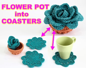 Crochet pattern-FLOWER POT into COASTER-Coaster crochet pattern- Flower pot crochet coaster- Surprise Crochet Flower pot-Coaster set pattern