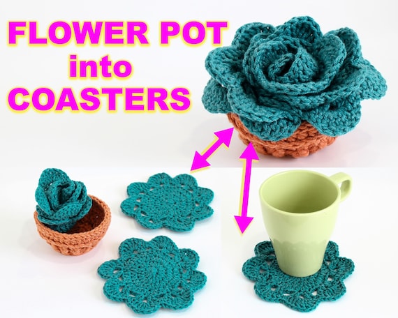 Crochet pattern-FLOWER POT into COASTER-Coaster crochet pattern- Flower pot crochet coaster- Surprise Crochet Flower pot-Coaster set pattern
