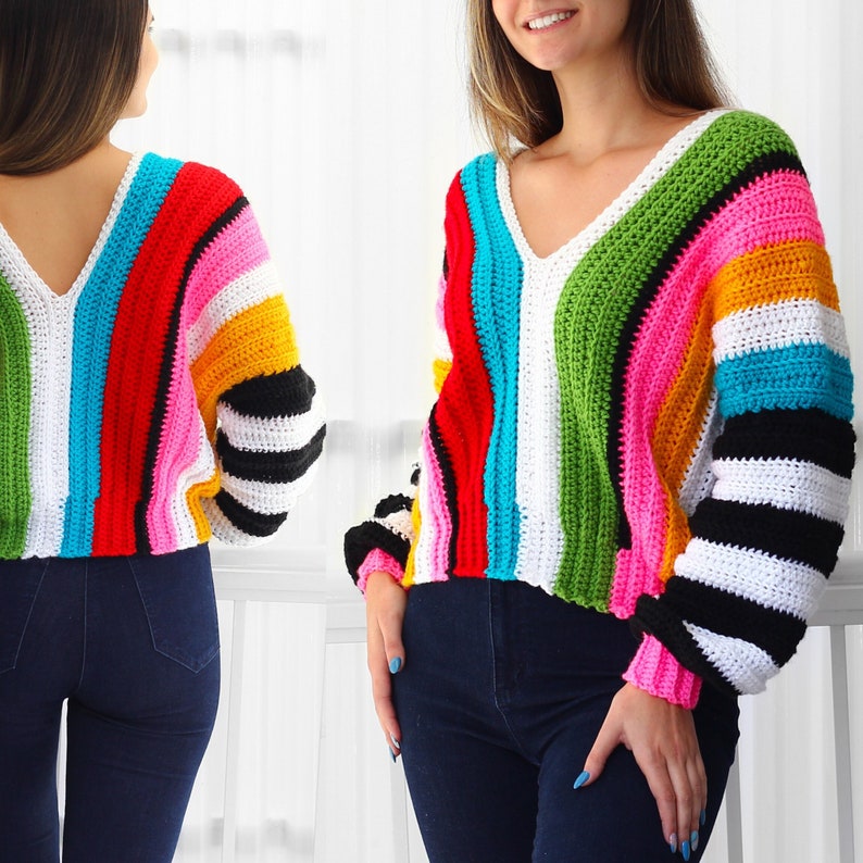 Crochet pattern EMILIA Crochet sweater pattern PDF-Women crochet pattern-colorful stripes oversize pullover long sleeve top-sizes XS-3XL image 1