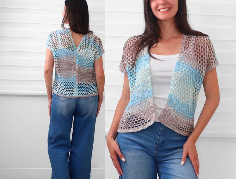 May include: A short-sleeved, open-front crochet cardigan featuring a variegated color pattern of light blue, turquoise, and soft brown. The garment is constructed with a loose, net-like stitch pattern and has a V-neckline, shown from both front and back.
