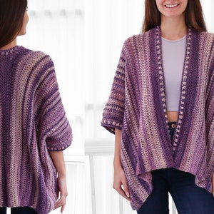 May include: A purple and pink striped crochet cardigan with a long, open front and short sleeves. The cardigan has a textured stitch pattern and a delicate edging.