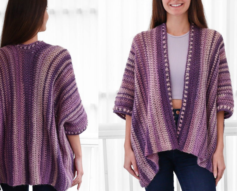 May include: A purple and pink striped crochet cardigan with a long, open front and short sleeves. The cardigan has a textured stitch pattern and a delicate edging.