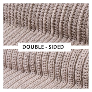May include: Close-up of a beige crocheted blanket with a ribbed texture. The blanket is double-sided, meaning both sides have the same pattern. The text "DOUBLE-SIDED" is visible in the image.