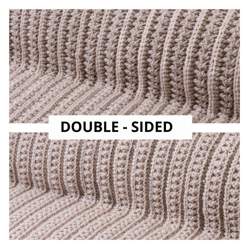 May include: Close-up of a beige crocheted blanket with a ribbed texture. The blanket is double-sided, meaning both sides have the same pattern. The text "DOUBLE-SIDED" is visible in the image.
