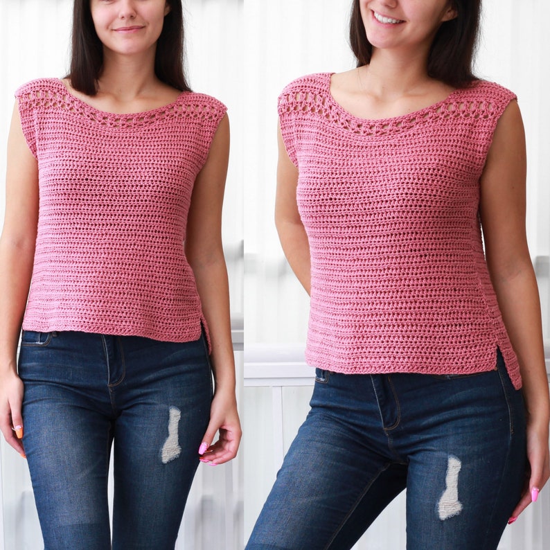 May include: A pink crochet sleeveless top with a crocheted neckline. The top is fitted and has a slightly cropped length. The model is wearing the top with blue jeans.