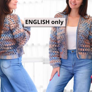 May include: A multi-colored, open-front crochet cardigan in shades of blue, tan, and peach. The cardigan has long sleeves and a boxy fit. The text "ENGLISH only" is displayed on a white rectangle in the image.