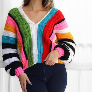 Crochet pattern EMILIA Crochet sweater pattern PDF-Women crochet pattern-colorful stripes oversize pullover long sleeve top-sizes XS-3XL image 6