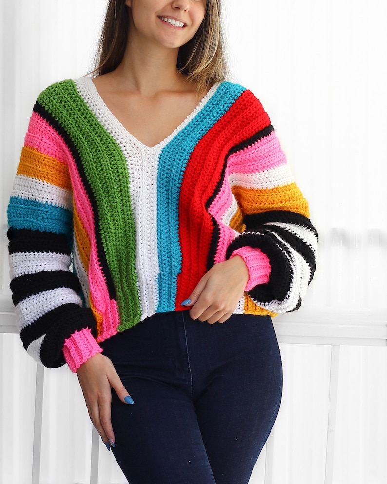 Crochet pattern EMILIA Crochet sweater pattern PDF-Women crochet pattern-colorful stripes oversize pullover long sleeve top-sizes XS-3XL image 6