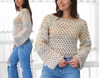 Crochet pattern- LAINEY Crochet sweater pattern PDF- Women crochet top pattern- 2 panels Crochet pullover sweater-Easy Granny sweater-XS-3XL