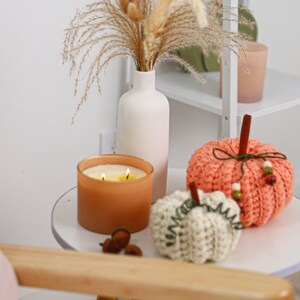 May include: A matte white ceramic vase filled with dried grasses, a frosted amber glass candle with two lit wicks, and two crocheted pumpkins in cream and coral orange, each featuring a brown stem and decorative green twine accents.