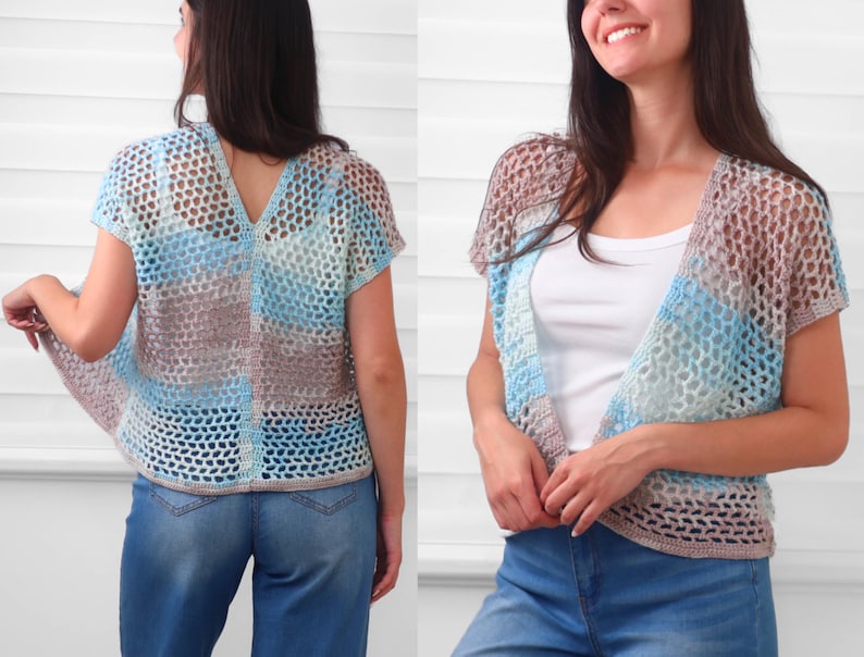 May include: A short-sleeved crochet cardigan featuring an open-knit mesh pattern with a variegated color palette of light blue, white, and soft brown. The garment has a V-neckline and a straight hem, showcasing a lightweight, semi-sheer construction.