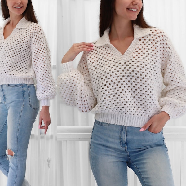 Crochet pattern-ADELINE Crochet sweater pattern PDF-Women crochet polo top pattern-Crochet pullover-Polo collar Granny modern sweater-XS-3XL