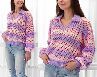 Crochet pattern- ADELINE Crochet sweater pattern PDF-Women crochet polo top pattern-Crochet pullover-Polo sweater-Easy Granny sweater-XS-3XL