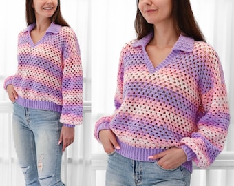 Crochet pattern- ADELINE Crochet sweater pattern PDF-Women crochet polo top pattern-Crochet pullover-Polo sweater-Easy Granny sweater-XS-3XL