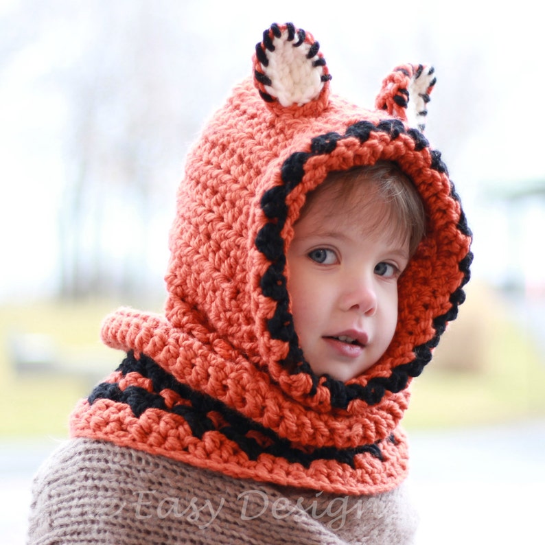 Crochet pattern, Patron de crochet Frankie Fox Hooded Cowl Hood Crochet Hat 12/18 month Toddler Child Teen Adult sizes Halloween image 1