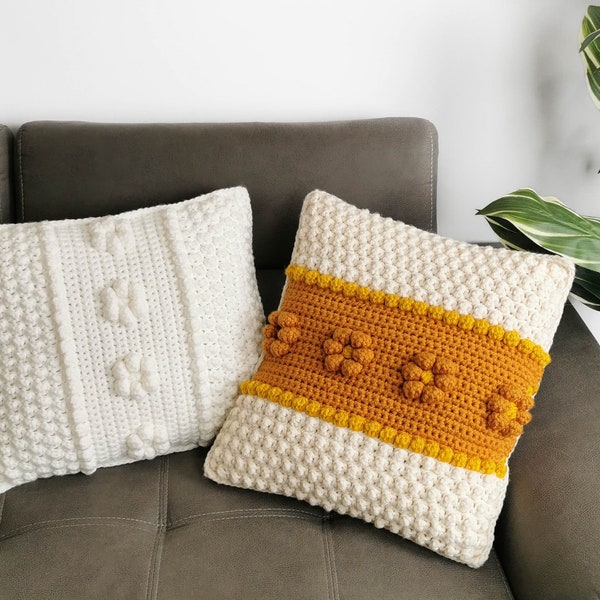 Modèle d'oreiller au crochet facile-Modèle d'oreiller au crochet FLORA-Modèles de coussin au crochet-Modèle d'oreiller à pompons au crochet PDF-Housse d'oreiller amovible au crochet