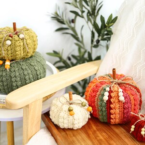 May include: A collection of five crocheted pumpkins in various sizes and colors, including olive green, mustard yellow, cream, multi-colored orange and red, and solid red. Each pumpkin features a cinnamon stick stem and twine with wooden beads.