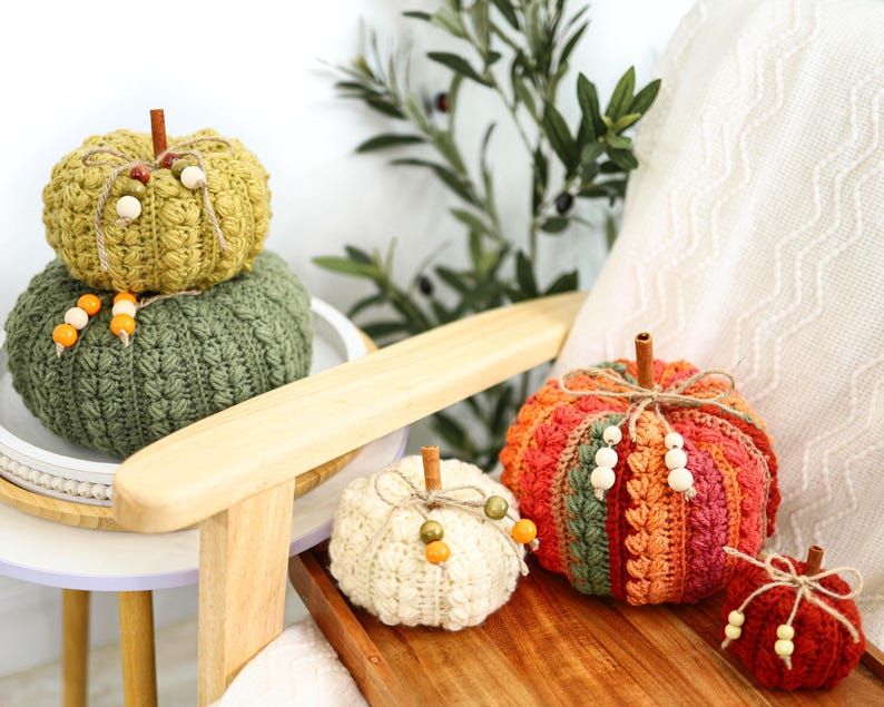 May include: A collection of five crocheted pumpkins in various sizes and colors, including olive green, mustard yellow, cream, multi-colored orange and red, and solid red. Each pumpkin features a cinnamon stick stem and twine with wooden beads.