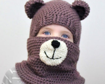 Crochet pattern, Patron crochet, PDF, Blair BEAR Set=hat+cowl, toddler, child, teen, adult size, Crochet hat, Crochet cowl, 2for1, Halloween