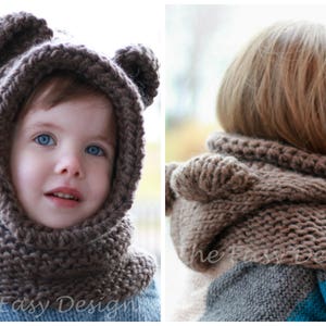 Knitting pattern, Knit hat, Patron tricot – Brian Bear - Knit Hat Hooded Cowl Hood (12/18m - Toddler - Child – Teen- Adult sizes), Halloween