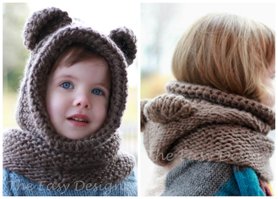 Knitting Pattern Knit Hat Patron Tricot Brian Bear Knit Hat Hooded Cowl Hood 12 18m Toddler Child Teen Adult Sizes Halloween
