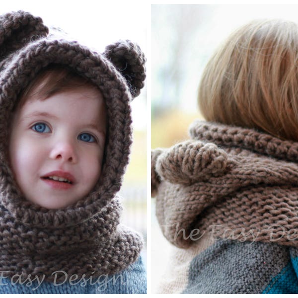 Knitting pattern, Knit hat, Patron tricot – Brian Bear - Knit Hat Hooded Cowl Hood (12/18m - Toddler - Child – Teen- Adult sizes), Halloween