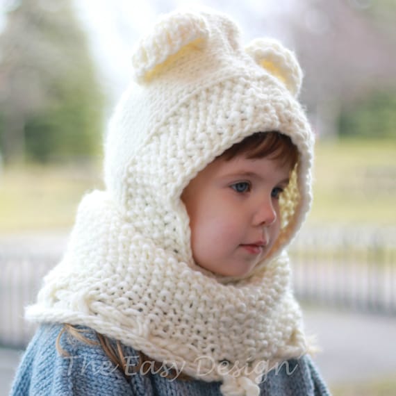 Knitting Pattern Knit Hat Patron Tricot Bobby Bear Knit Hat Hooded Cowl Hood 12 18m Toddler Child Teen Adult Sizes Halloween