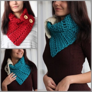 May include: Three different crocheted cowl neck scarves. One is red, one is teal, and one is a combination of white and teal.