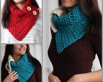 May include: Three different crocheted cowl neck scarves. One is red, one is teal, and one is a combination of white and teal.
