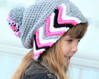 Crochet pattern, Patron de crochet, english/ francais , chevron, zigzag –Haylee Slouchy Beanie Hat Bonnet Beret (Small- Medium-Large sizes)