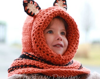 Knitting pattern, Knit hat, Patron tricot – Faye Fox Hooded Cowl Hood Knit Hat (12/18 month - Toddler - Child – Teen- Adult sizes) Halloween