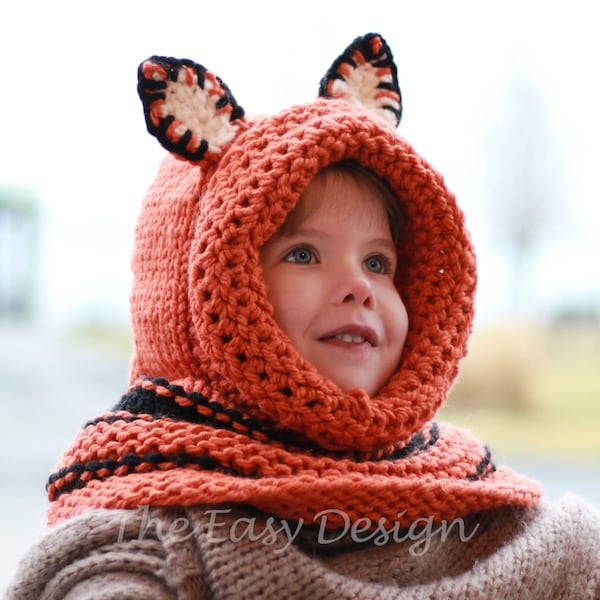 Modèle de tricot, bonnet en tricot, tricot patron – bonnet à capuche et capuche en fourrure de renard Faye (12/18 mois - tout-petit - tailles enfant - ado - adulte) Halloween