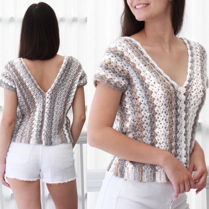 May include: A crocheted top with a V-neck and short sleeves. The top is made with a striped pattern in shades of brown, white, and gray.