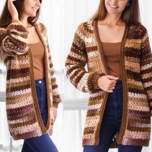 May include: A long, striped cardigan with a V-neck and long sleeves. The cardigan is made of a soft, textured yarn in shades of brown, beige, and green.