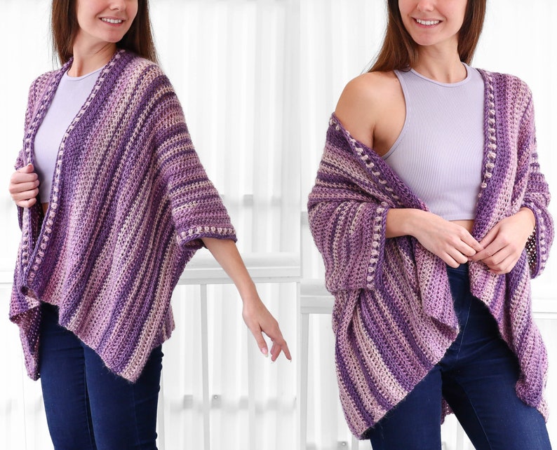 May include: A purple and pink striped crochet cardigan with a loose fit and a scalloped edge.
