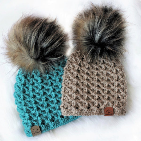 Easy Crochet pattern-Crochet hat– GEMMA Beanie Hat Pattern-Textured Crochet hat PDF-Crochet beanie Pom Pom (Toddler-Child–Teen- Adult sizes)