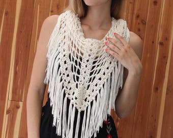 Easy Crochet Scarf Pattern, Beginner Boho Scarf Crochet PDF, Meda Triangle Shawl Pattern, Crocheted Fringe Scarf Shawl, Beginner Pattern PDF