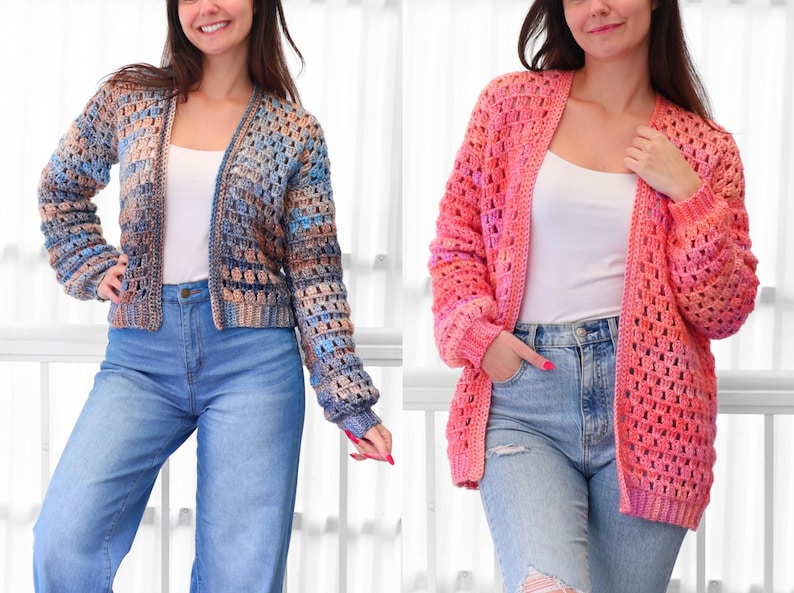 May include: Two open-front crochet cardigans. One is a mix of blue, brown, and beige, the other is pink with ombre shades. Both have long sleeves and are worn over white tops and blue jeans. The cardigans have a textured, open weave.