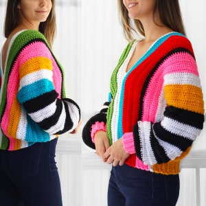 Crochet pattern EMILIA Crochet sweater pattern PDF-Women crochet pattern-colorful stripes oversize pullover long sleeve top-sizes XS-3XL image 4