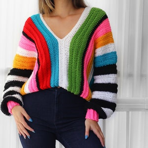 Crochet pattern EMILIA Crochet sweater pattern PDF-Women crochet pattern-colorful stripes oversize pullover long sleeve top-sizes XS-3XL image 5