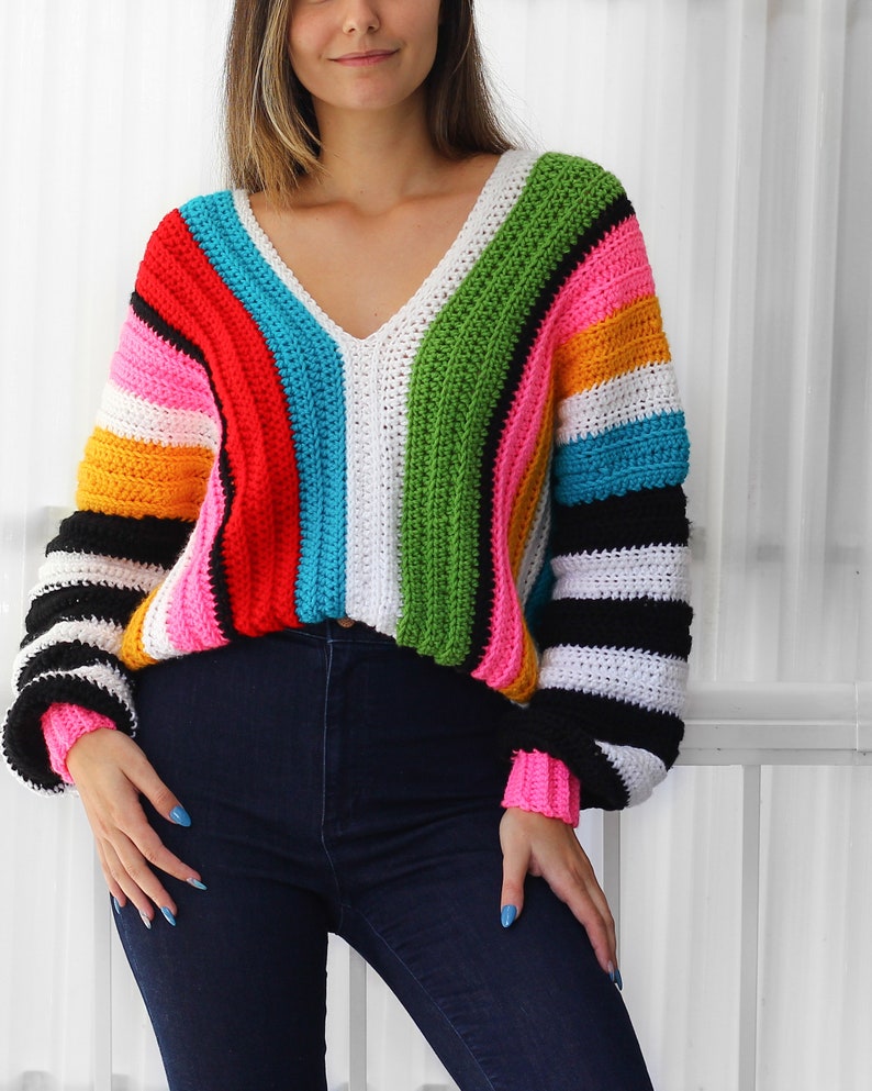 Crochet pattern EMILIA Crochet sweater pattern PDF-Women crochet pattern-colorful stripes oversize pullover long sleeve top-sizes XS-3XL image 5