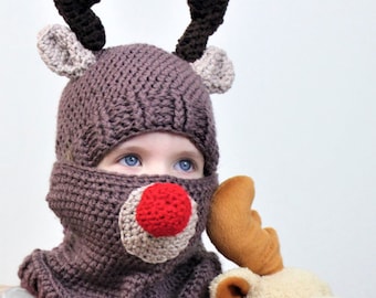 Crochet pattern, Patron crochet, PDF, Royce REINDEER / Set hat+cowl / toddler, child, teen adult size / Crochet hat, cowl / 2for1, Halloween