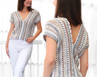 Crochet pattern- ALYSSA Crochet top pattern PDF- Women crochet top -2 panels V-neck -Easy crochet shirt short sleeve blouse wearable- XS-3XL