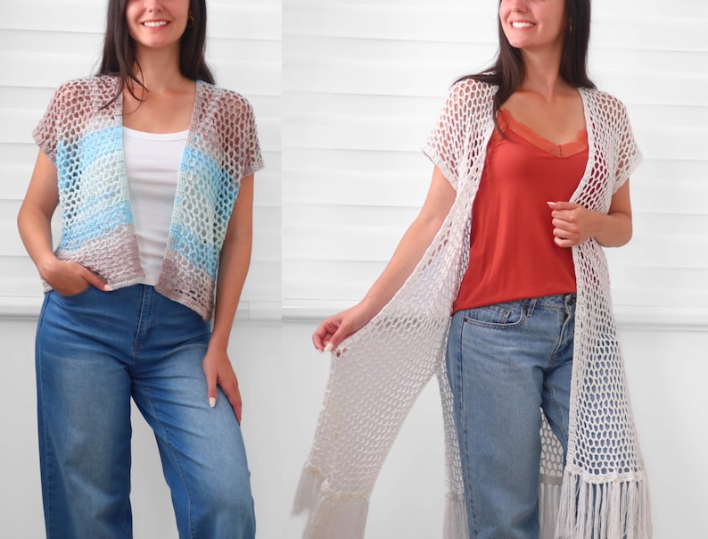 May include: A short-sleeved, open-front crochet cardigan featuring a horizontal striped pattern in shades of brown, white, and light blue, alongside a long, white, open-front crochet duster cardigan with short sleeves and a fringed hemline.