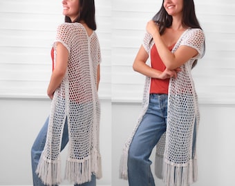 Crochet pattern-7 sizes- BRIELLE-Crochet Cardigan pattern PDF-Women crochet vest-2 panels V-neck -Easy top short long fringe cardigan-XS-3XL